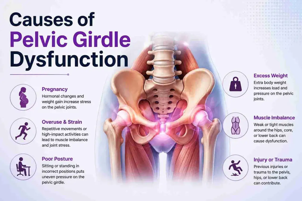 Anatomia del cingolo pelvico con cause di disfunzione: gravidanza, peso eccessivo, uso eccessivo, squilibrio muscolare, postura scorretta, traumi.