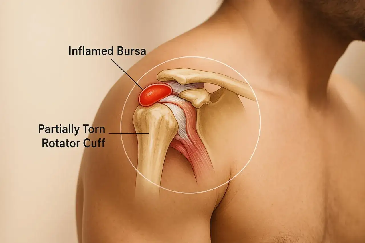 Spalla gonfia e dolorante: borsa infiammata e cuffia dei rotatori parzialmente lesionata.