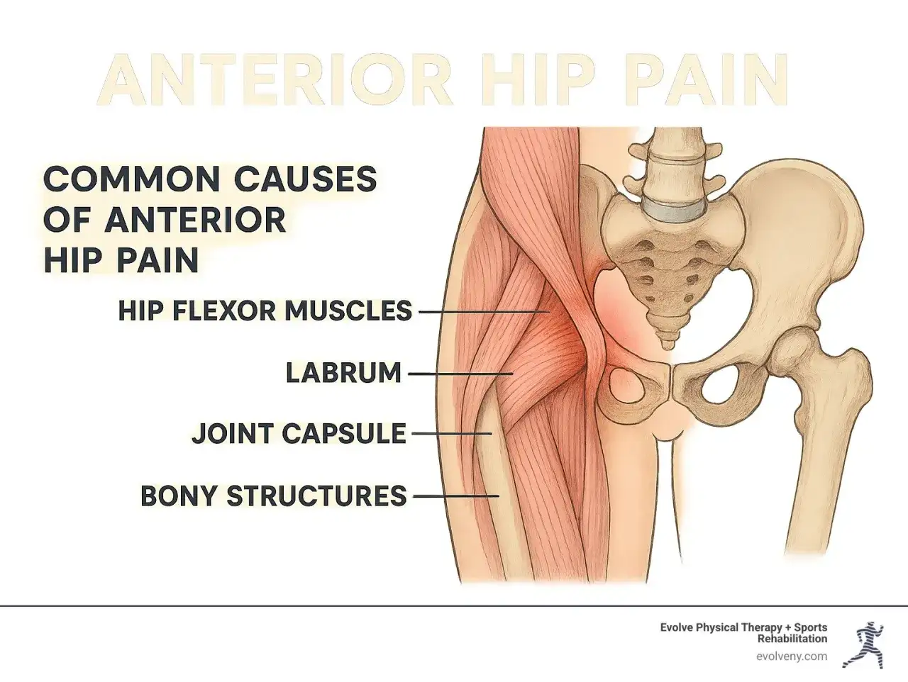 Illustrazione anatomica che mostra le cause comuni del dolore all'anca anteriore: muscoli flessori, labbro acetabolare, capsula articolare e strutture ossee.