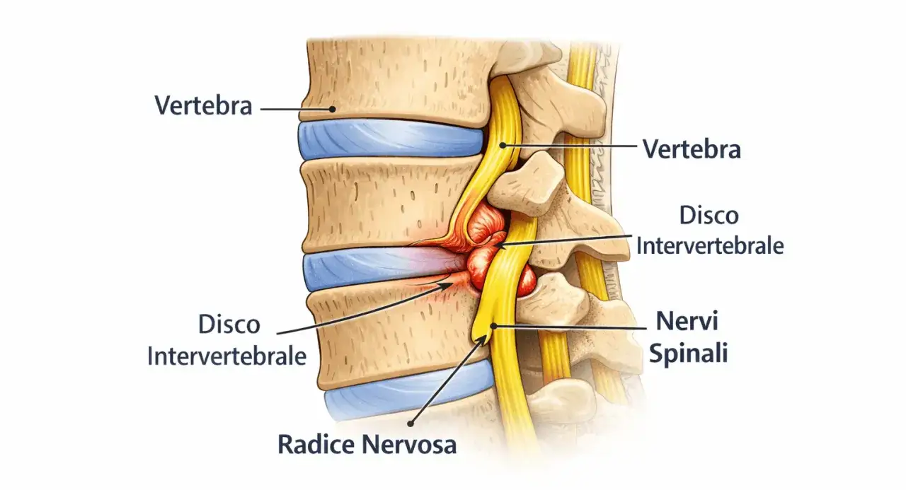Dischi intervertebrali e radici nervose accavallati, con un disco che preme su un nervo spinale.