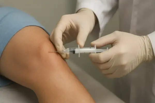 Mani guantate eseguono infiltrazioni al ginocchio con una siringa, un trattamento per alleviare il dolore.